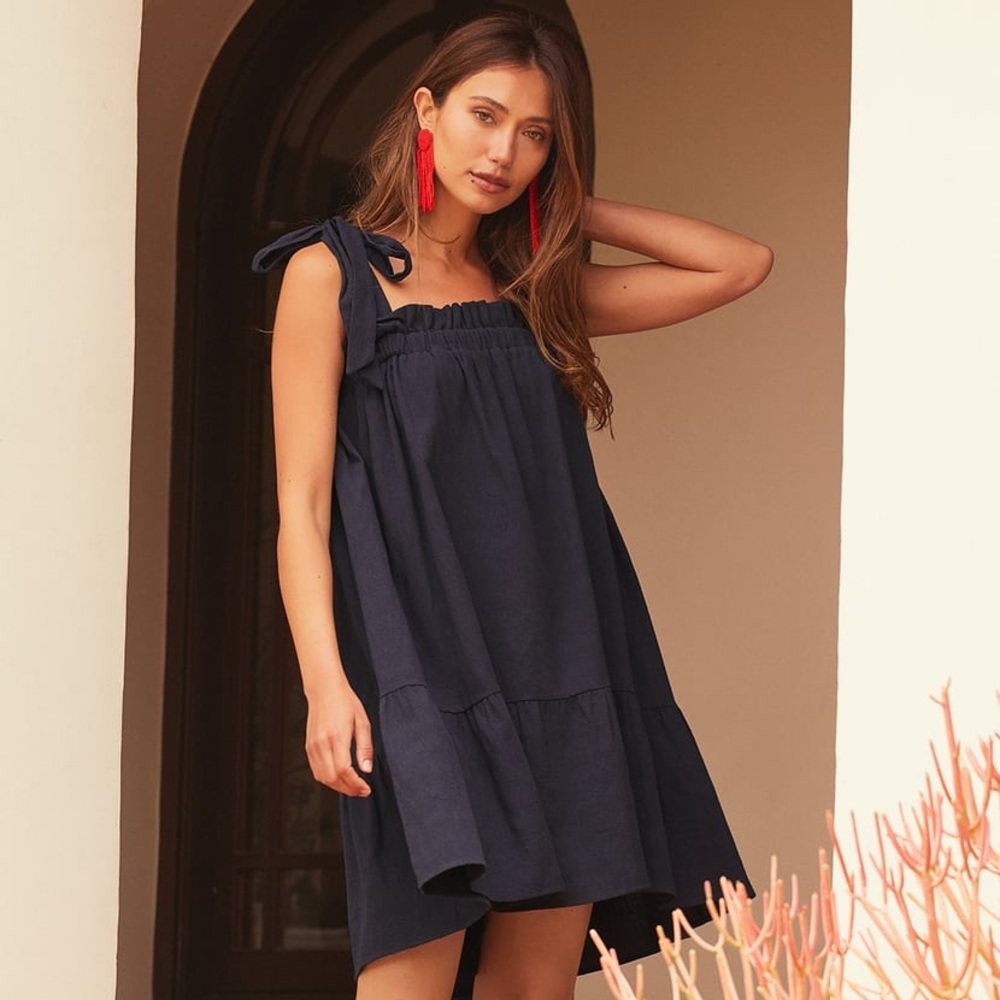 Lulus Navy Blue Tie-Strap Tiered Babydoll Dress
